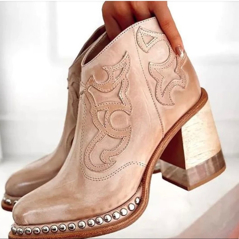 Women’s Pink Cowboy Boots Western Style Clear Low Heel Rivet Detail